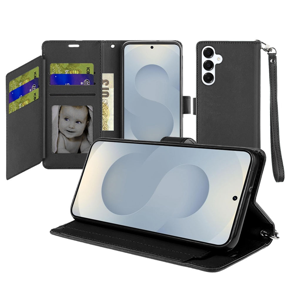 For Samsung Galaxy S26+ / S26 Plus Wallet Cases PU Leather with Credit Card /ID /Cash Holder Slot Dual Flip Book Pouch, Stand and Strap Case Cover Black