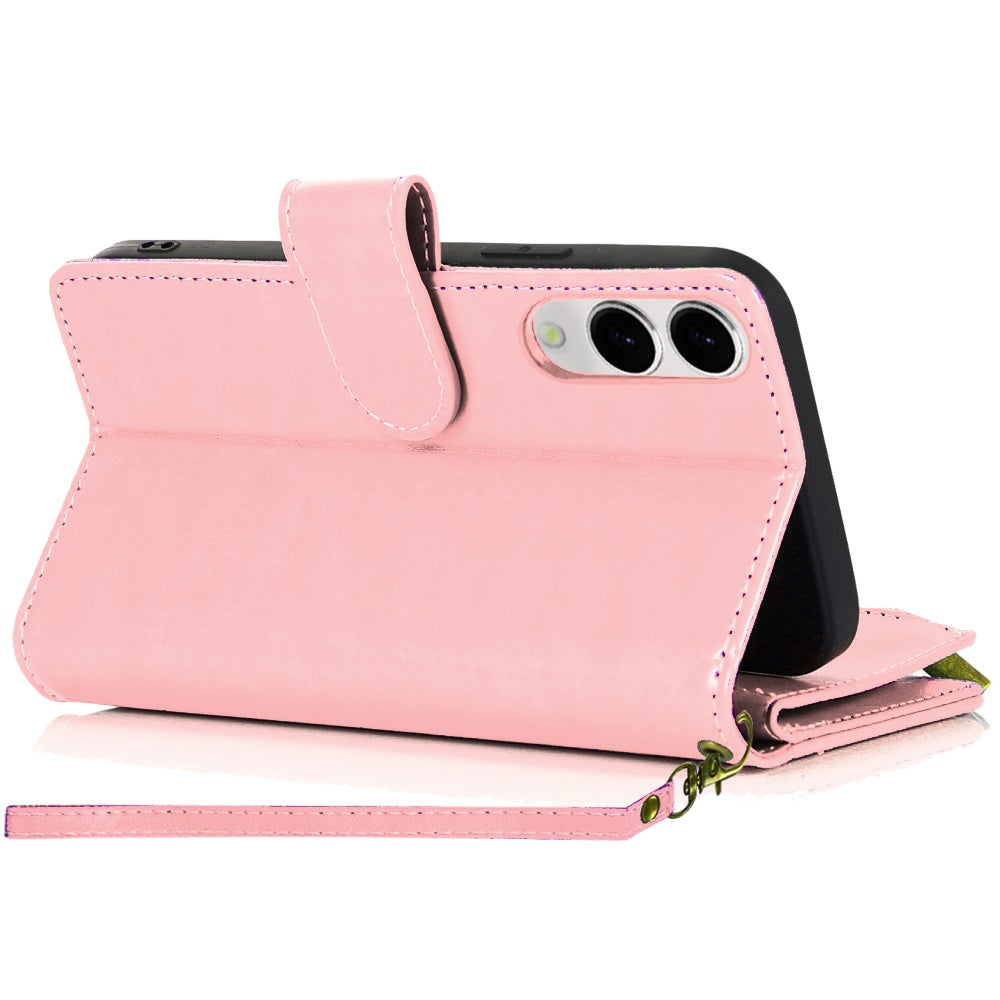 For Samsung Galaxy S25 EDGE Leather Wallet Case with Zipper, 9 Card Slots, Cash Pocket, Stand & Strap, Clutch Pouch Design Case Cover Rose Gold