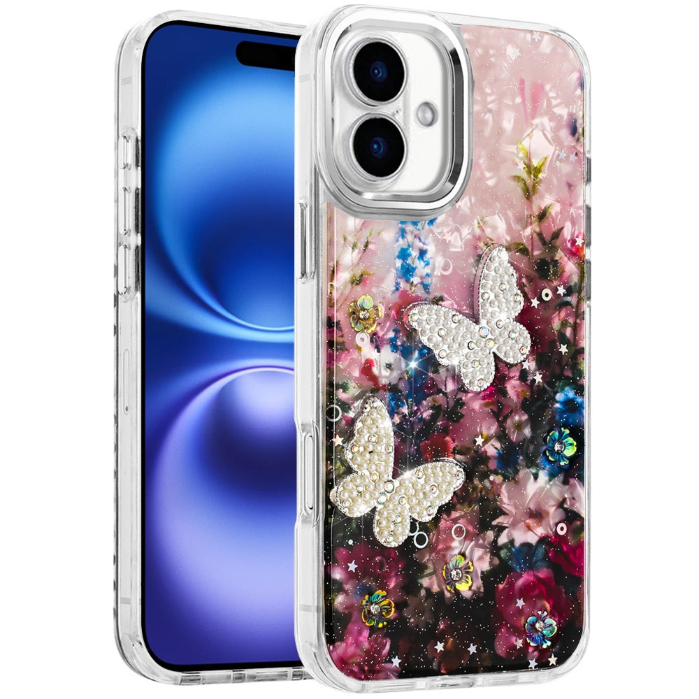 For Apple iPhone 17 (6.3") Epoxy Glitter Flowers Bling 3D Butterfly Fashion TPU Hybrid with Shockproof Protection Case Cover