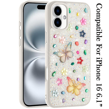 For iPhone 16 (6.1") Diamond Butterfly 3D Glitter Bling Design, Slim Hybrid Sparkle Protective Cover TPU for Women Girls Case Cover Teal