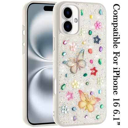 For iPhone 16 (6.1") Diamond Butterfly 3D Glitter Bling Design, Slim Hybrid Sparkle Protective Cover TPU for Women Girls Case Cover White