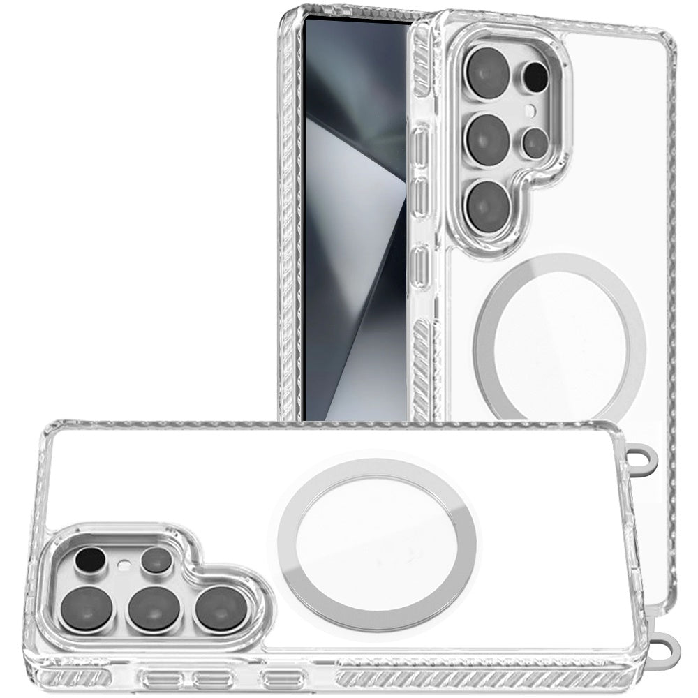 For Samsung Galaxy S24 Ultra Clear Magnetic Frame PC Back Shockproof Protective Case with Detachable Lanyard Strap, Compatible with MagSafe Case Cover