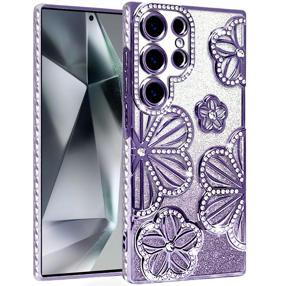 For Samsung Galaxy S24 Ultra Luxury Flower Design Sparkle Glitter Diamond Rhinestone Shimmer Bling Plating Thick TPU Hard PC Case Cover