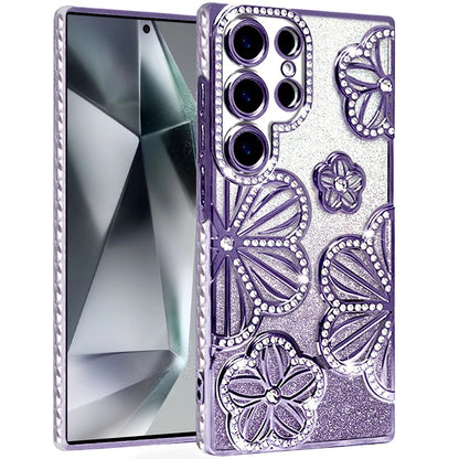For Samsung Galaxy S24 Ultra Luxury Flower Design Sparkle Glitter Diamond Rhinestone Shimmer Bling Plating Thick TPU Hard PC Case Cover
