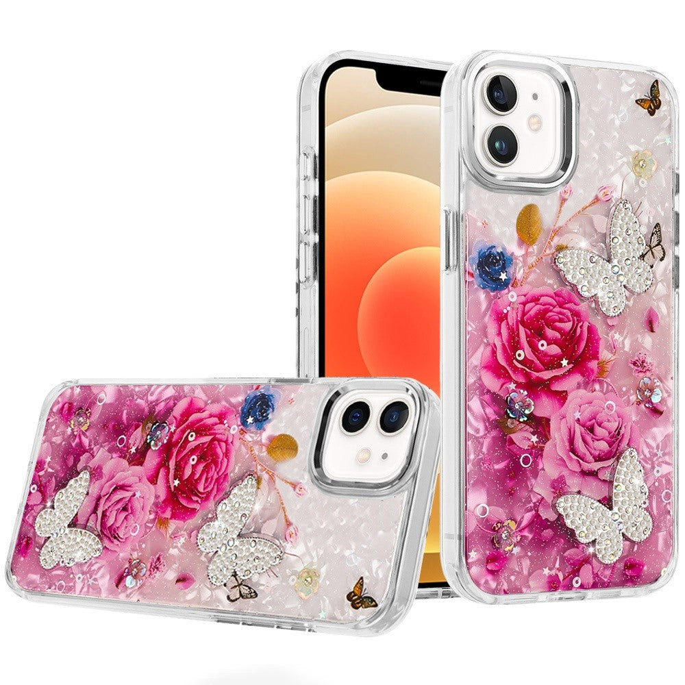 For Apple iPhone 11 Epoxy Glitter Flowers Bling 3D Butterfly Fashion TPU Hybrid with Shockproof Protection Case Cover