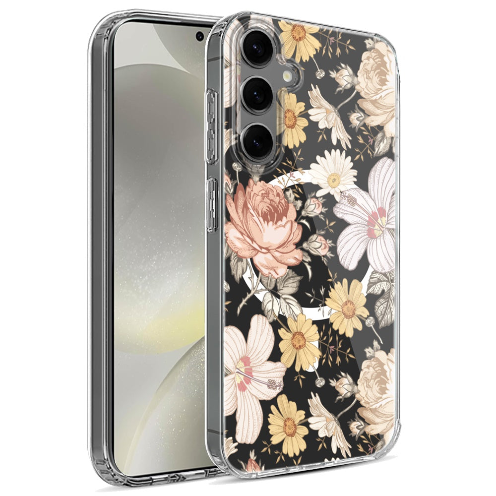For Samsung Galaxy S25 /S24 Hybrid Flower Design Stylish Fashion Case, MagSafe Compatible, Thick Shockproof Hard PC Case Cover