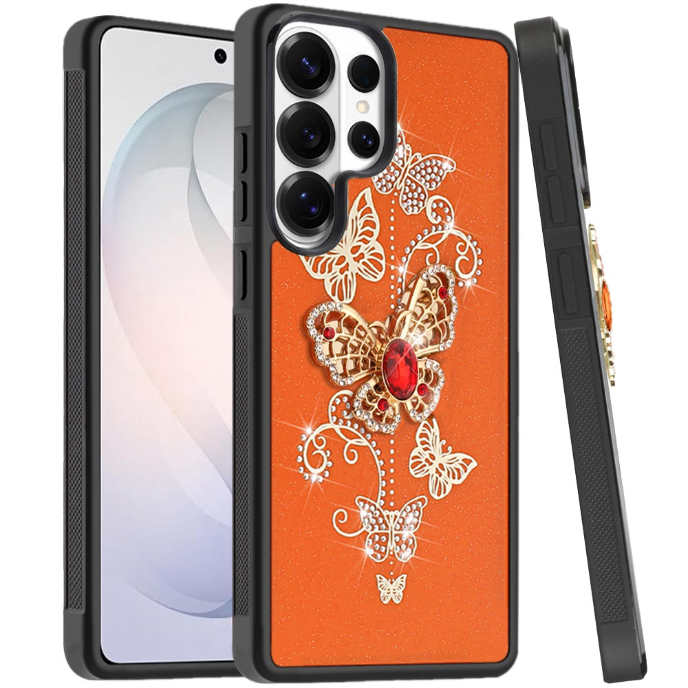 For Samsung Galaxy S26 Ultra Diamonds 3D Butterfly Bling Sparkly Glitter Ornaments Engraving Hybrid Metal Fashion Case Cover Garden Butterflies Cosmic Orang