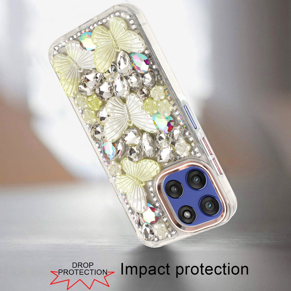 For Motorola Moto G 5G 2025 3D Diamond Floral Butterfly Bling Stone Hybrid, Sparkly Rhinestone Gemstone Back Shockproof Case Cover