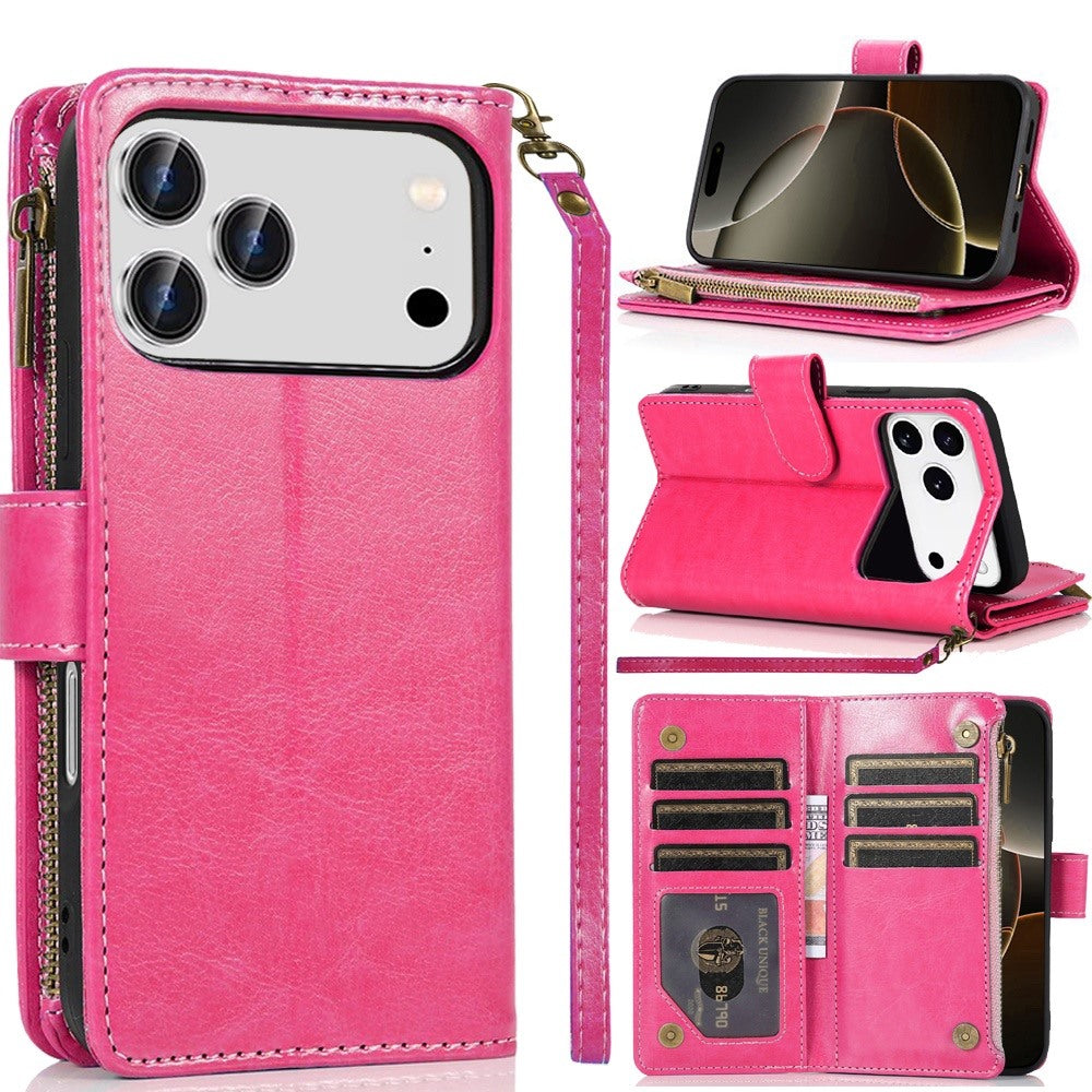 For Apple iPhone 17 Pro Max (6.9") Leather Wallet Case with Zipper, 9 Card Slots, Cash Pocket, Stand & Strap, Clutch Pouch Design Case Cover