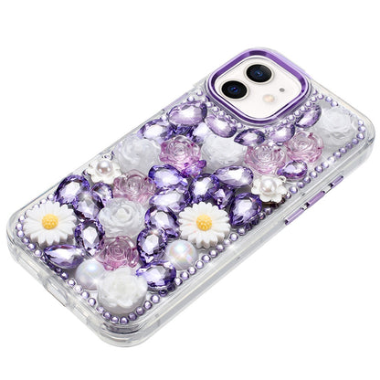 For Apple iPhone 16 (6.1") Fashion Daisy Floral Series, Full 3D Bling Crystal Diamonds Sparkling Rhinestone Glitter Hybrid Design Case Cover Purple