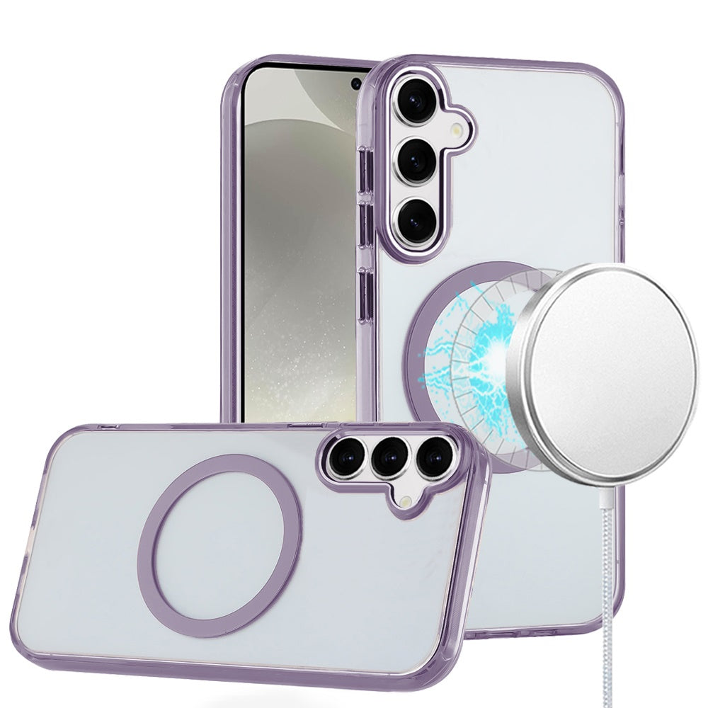 For Apple iPhone 16 (6.1") Transparent Back Hybrid Case - Magnetic Circle, Color Frame, Metal Buttons, MagSafe Compatible Case Cover Light Purple