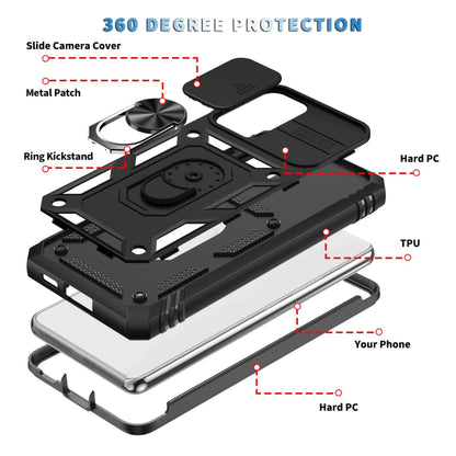 For Google Pixel 9 Pro XL (6.8") Built in Sliding Camera Lens Protection & Finger Ring Stand Holder Hybrid TPU PC Shockproof Case Cover