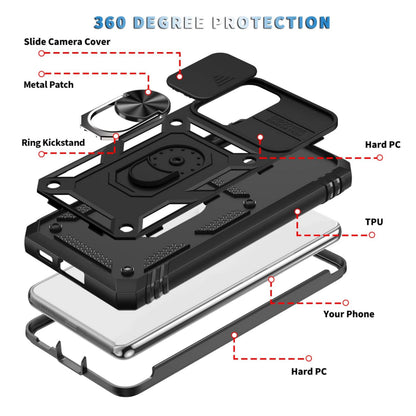 For Samsung Galaxy A37 5G Hybrid Shockproof, Built-in Sliding Camera Lens Protection with Magnetic Finger Ring Stand Holder Case Cover