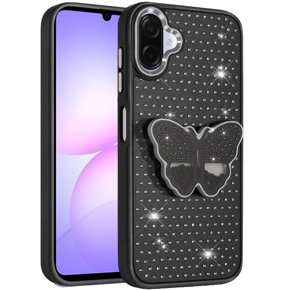 For Samsung Galaxy A07 Butterfly Moveable Grip 3D Pop Stand Full Diamond Bling Sparkling TPU Fashion Hybrid Case Cover