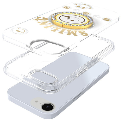 For Apple iPhone 17E /16E Smiling Glitter Bling Ornament Hybrid Shockproof Stylish Sparkle Design Secure Grip Durable Protection Case Cover White