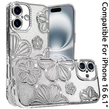 For iPhone 16 (6.1") Luxury Flower Design Sparkle Glitter Diamond Rhinestone Shimmer Bling Plating Thick TPU Hard PC Case Cover