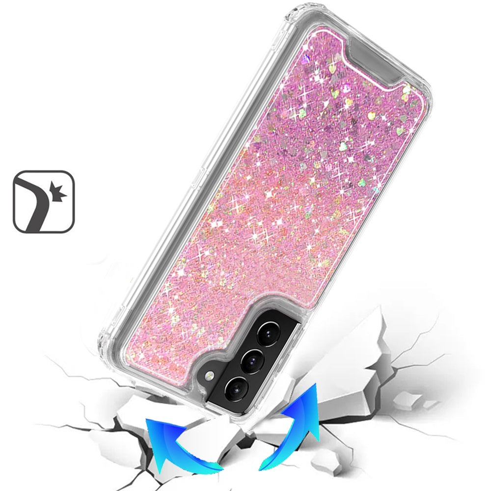 For Samsung Galaxy S21+ / S21 Plus Epoxy Bling Glitter Sparkly 3-in-1 Transparent Hybrid Full-Body Shockproof PC Bumper Case Cover Hot Pink+Purple