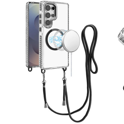 For Apple iPhone 12 /12 Pro Clear Magnetic Frame PC Back Shockproof Protective Case with Detachable Lanyard Strap, Compatible with MagSafe Case Cover