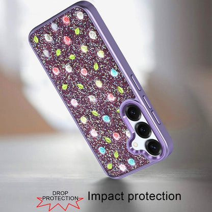 For Samsung Galaxy S26 Floral Design Embedded Glass Diamond Fancy Fashion Glitter Bling Sparkly Hybrid Rugged TPU Bumper Case Cover