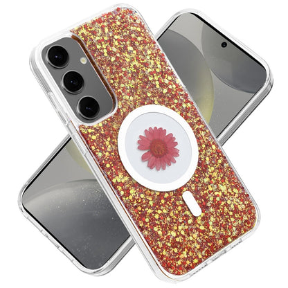 For Samsung Galaxy S25 Ultra MagSafe Compatible Glitter Flower Epoxy Hybrid Slim TPU Case, Magnetic Circle Design, Sparkly Bling Protective Case Cover