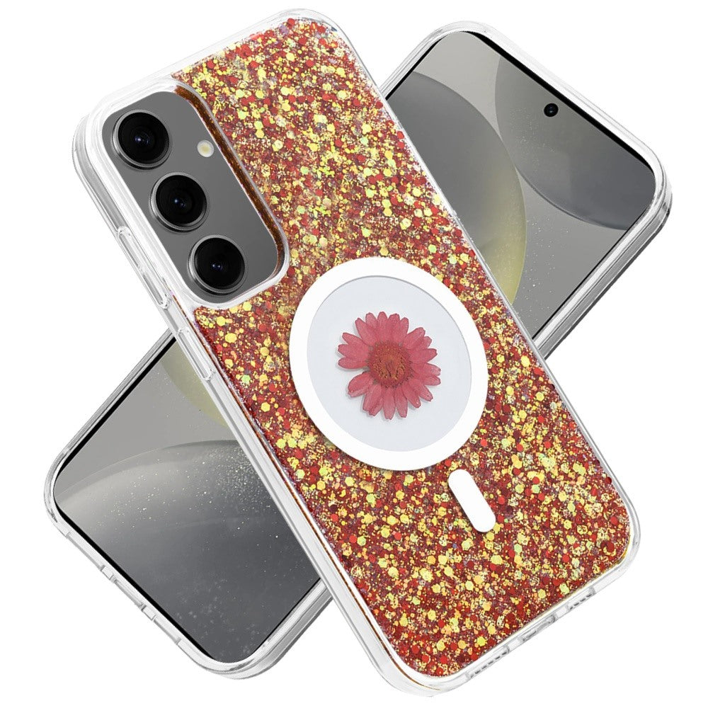 For Samsung Galaxy S25 /S24 MagSafe Compatible Glitter Flower Epoxy Hybrid Slim TPU Case, Magnetic Circle Design, Sparkly Bling Protective Case Cover