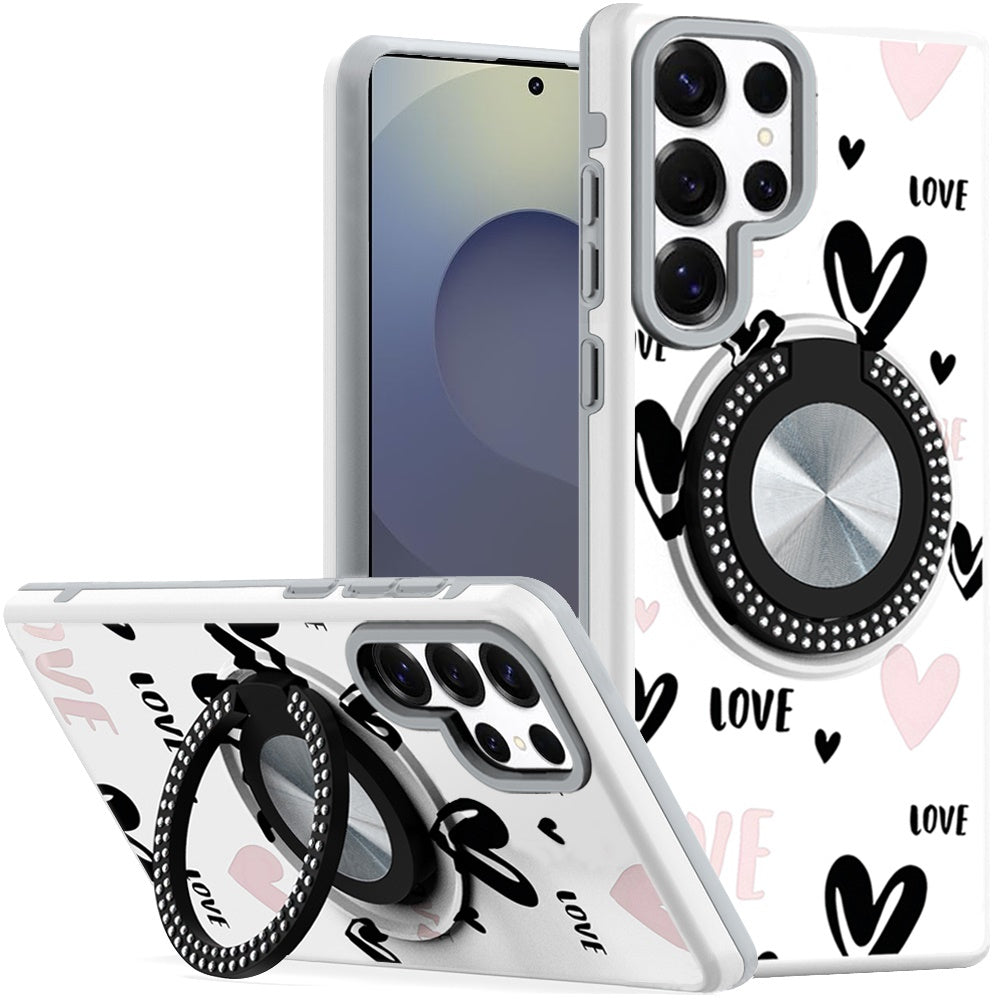 For Samsung Galaxy S25 Ultra Pattern Design Hybrid with Invisible Ring Stand & Magnetic Back, Shockproof Protective Grip Case Cover