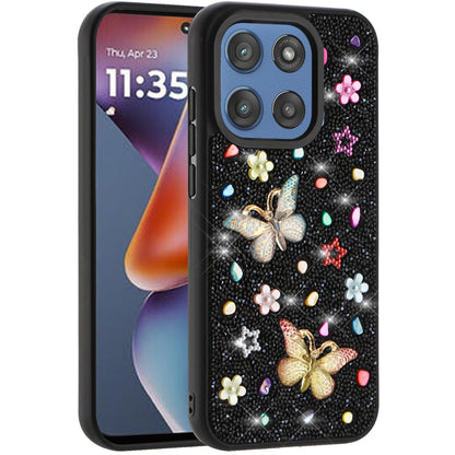 For Motorola Moto G 5G 2025 Diamond Butterfly 3D Glitter Bling Design, Slim Hybrid Sparkle Protective Cover TPU for Women Girls Case Cover Black