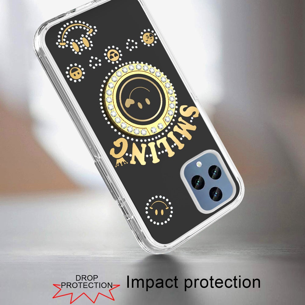 For Apple iPhone 16 Pro Max (6.9") Smiling Glitter Ornament Bling Sparkle with Ring Stand Hybrid Slim TPU + Hard Back Shell Case Cover