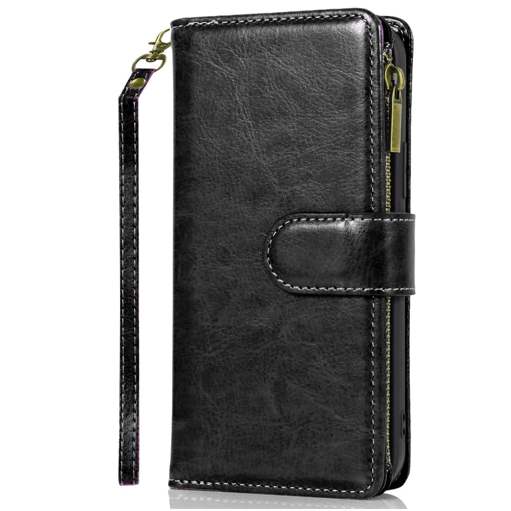 For T-Mobile Revvl 7 5G Leather Zipper Wallet Case 9 Credit Card Slots Cash Money Pocket Clutch Pouch Stand & Strap Case Cover Black