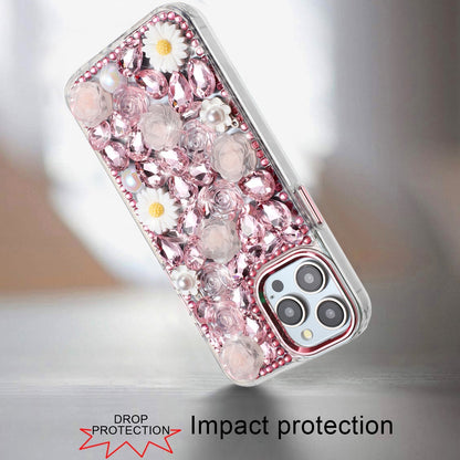 For Apple iPhone 14 /13 Fashion Daisy Floral Series, Full 3D Bling Crystal Diamonds Sparkling Rhinestone Glitter Hybrid Design Case Cover Pink