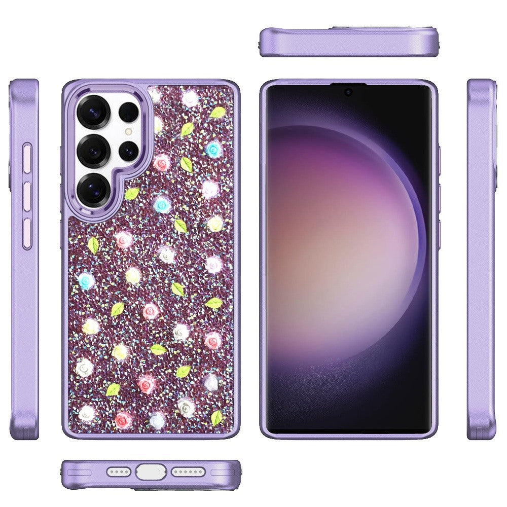 For Samsung Galaxy S24 Ultra Floral Design Embedded Glass Diamond Fancy Fashion Glitter Bling Sparkly Hybrid Rugged TPU Bumper Case Cover