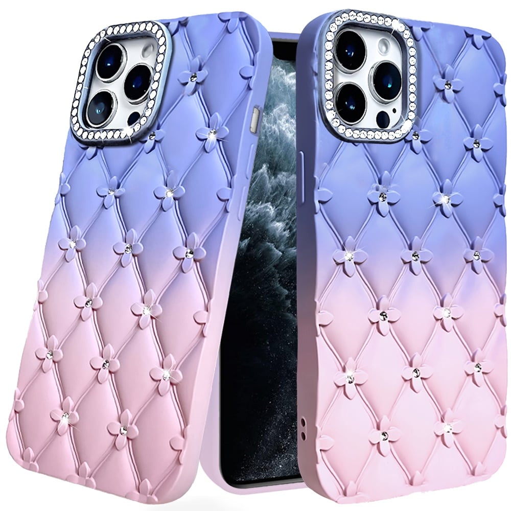For Apple iPhone 11 Pro Max Fashion Flower Design Sparkle Glitter Shimmer Rhinestone Bling Floral Accents, Leather Texture TPU Case Cover Light Blue/Light Pink