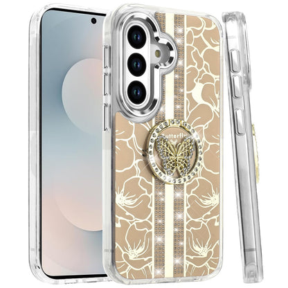 For Samsung Galaxy S26 Diamonds 3D Butterfly Floral Design Bling Sparkly Glitter Hybrid Metal Fashion with Ring Stand Case Cover