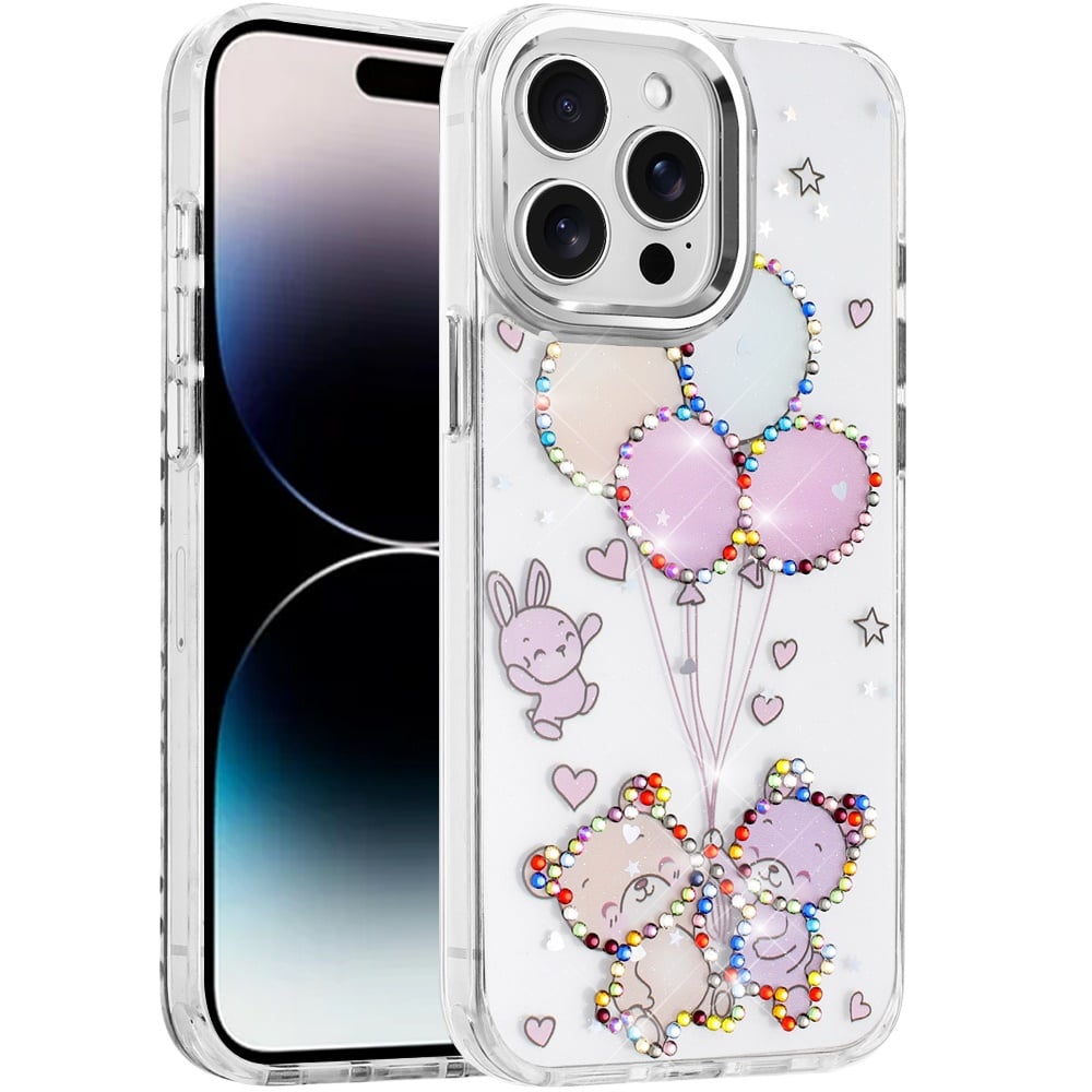 For iPhone 14 Pro Max (6.7") Butterfly Resin Epoxy Diamond Design Metal Edged Hybrid Shockproof Heavy Duty Drop Protection Case Cover