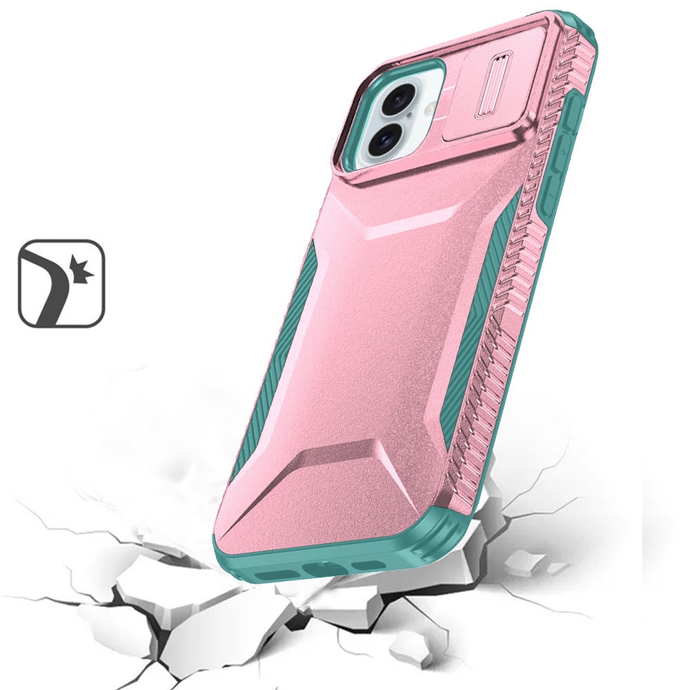 For iPhone 16 (6.1") Slim Fit Shockproof Hybrid with Slide Camera Window Covering, Rugged Tpu Silicone Hard PC Bumper Case Cover Pink-Teal