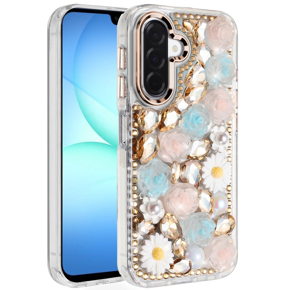 For Samsung Galaxy A16 5G Fashion Daisy Floral Series, Full 3D Bling Crystal Diamonds Sparkling Rhinestone Glitter Hybrid Design Case Cover Gold