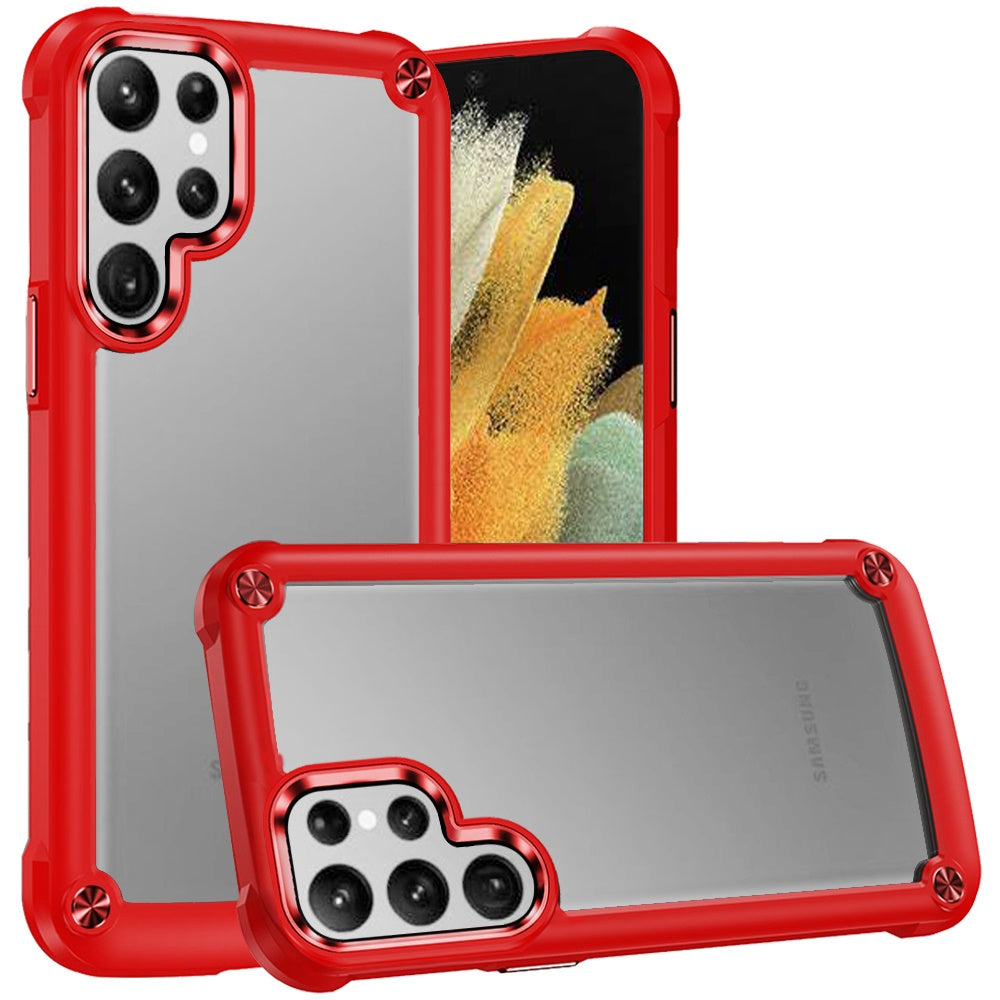 For Samsung Galaxy S21 Ultra Hybrid Transparent Rubber with Metal Buttons & Camera Edges Hard TPU Corner Frame Bumper Case Cover Red