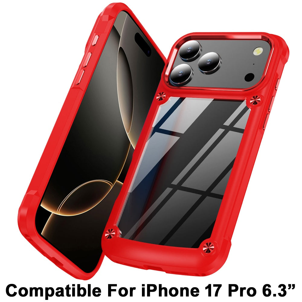 For Apple iPhone 17 Pro Hybrid Transparent Rubber with Metal Buttons & Camera Edges Hard TPU Corner Frame Bumper Case Cover