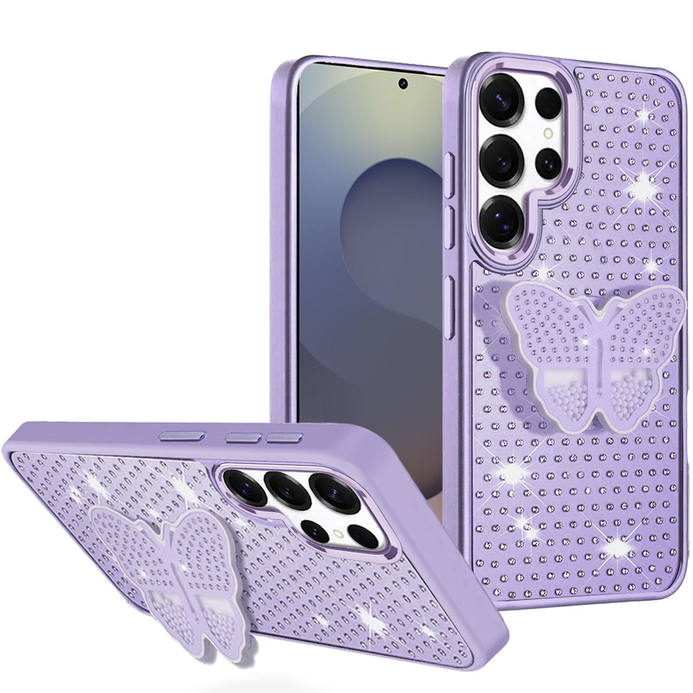 For Samsung Galaxy S25 Ultra Butterfly Moveable Grip 3D Pop Stand Full Diamond Bling Sparkling TPU Fashion Hybrid Case Cover