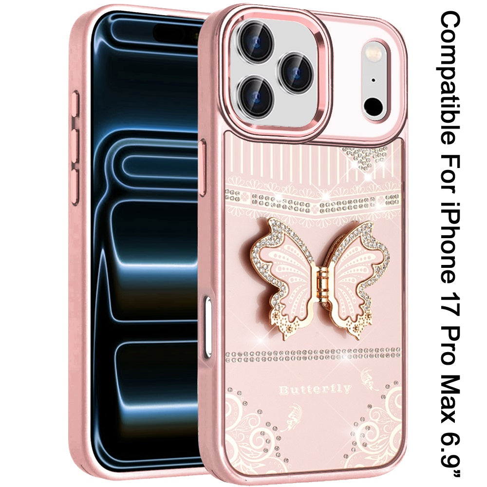 Phone Case for Apple iPhone 17 Pro Max (6.9") Glitter Bling Butterfly Stand Metallic Edge Hybrid Shockproof Grip Durable Camera Protection Stylish Design Cover