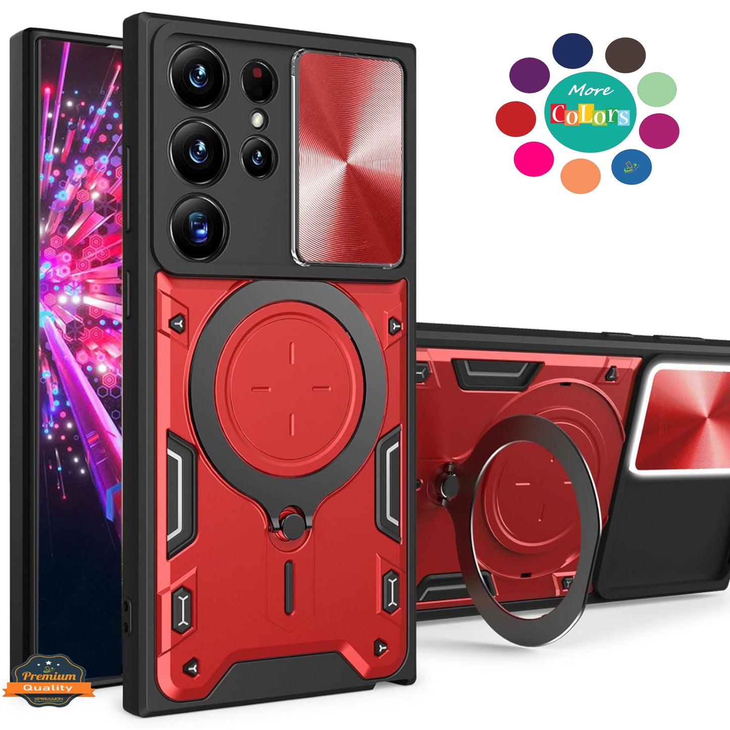 For Samsung Galaxy A37 5G Hybrid Shockproof with Magnetic Ring Stand, Compatible with Magsafe & Sliding Camera Lens Protector Case Cover