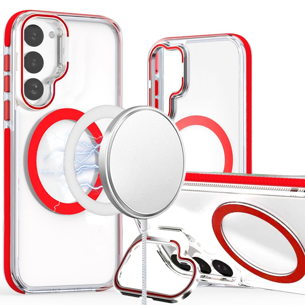 For Samsung Galaxy S21 Hybrid Clear Invisible Camera Bracket Stand [With Magsafe Magnetic Circle] Shockproof Color Frame Case Cover Red