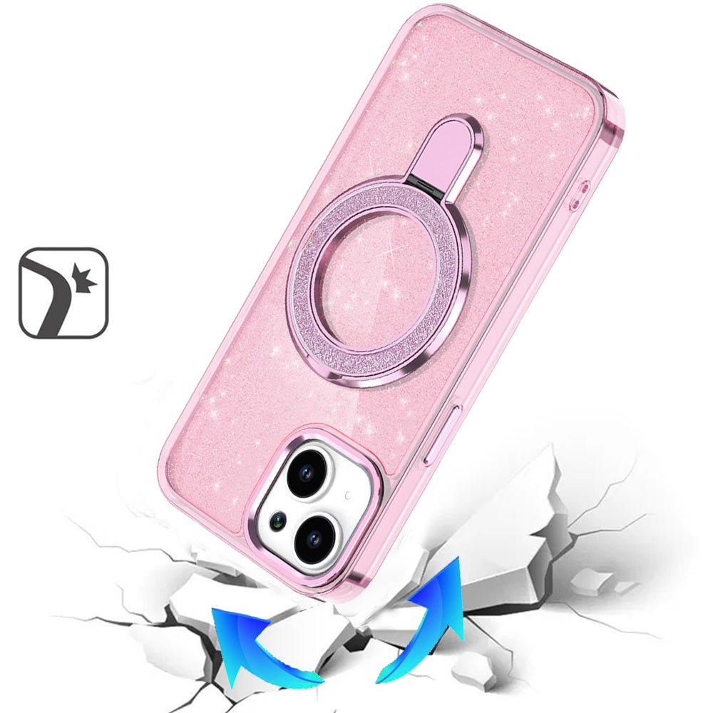 For Apple iPhone 15 Transparent Glitter Bling Case with Rotating Magnetic Ring Stand, Shockproof Hybrid Case Cover
