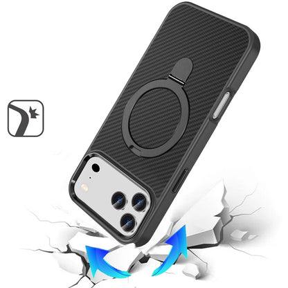 For Apple iPhone 17 Pro (6.3") Hybrid Carbon Fiber Design with MagSafe Compatible [Magnetic Circle], Ring Stand Shockproof Slim TPU Case Cover
