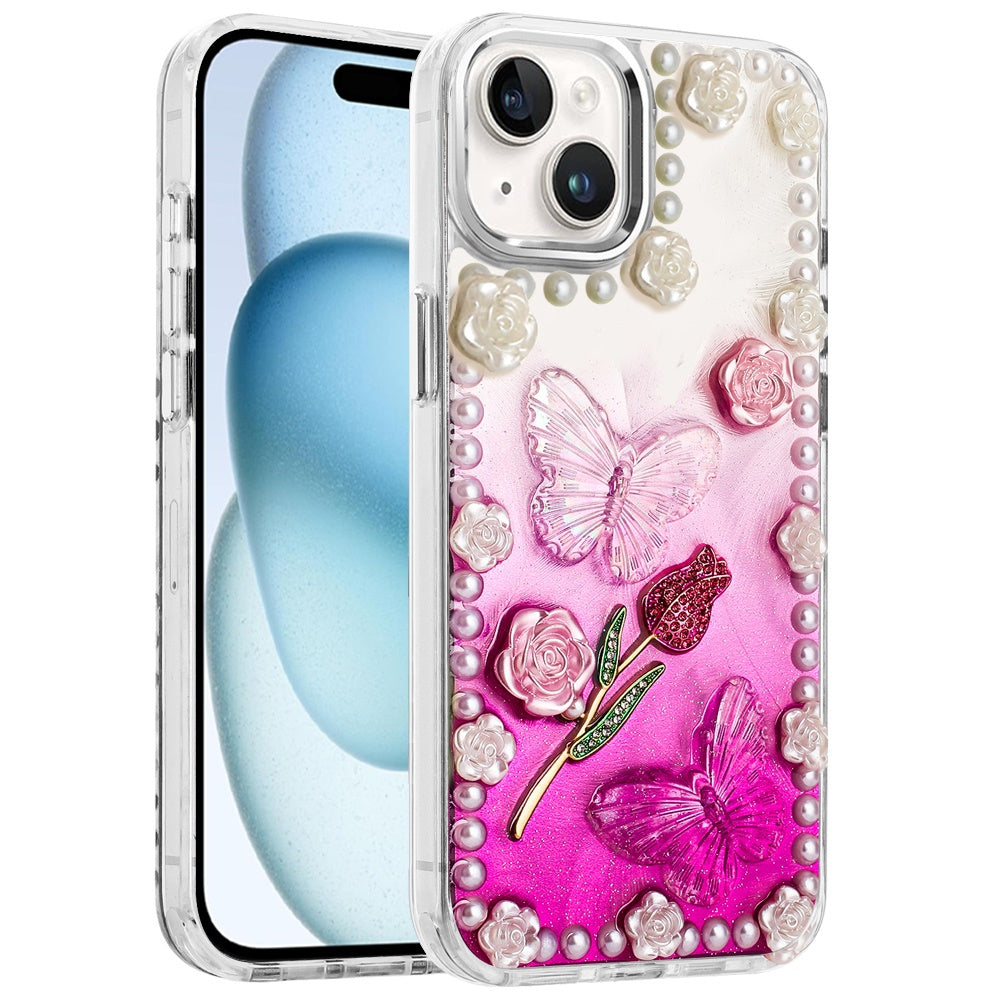 For Apple iPhone 15 Bling Fashion Design with 3D Pearls Epoxy Glitter Ornaments Chrome Edge Hard Slim PC Case Cover