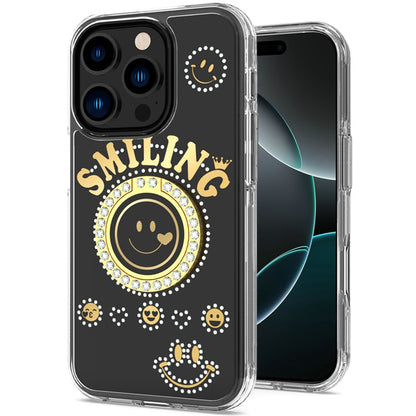 For Apple iPhone 16 Pro (6.3") Smiling Glitter Ornament Bling Sparkle with Ring Stand Hybrid Slim TPU + Hard Back Shell Case Cover