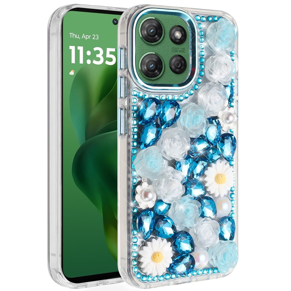 For Motorola Moto G Power 5G 2026 /2025 Fashion Daisy Floral Series, Full 3D Bling Crystal Diamonds Sparkling Rhinestone Glitter Hybrid Design Case Cover Blue