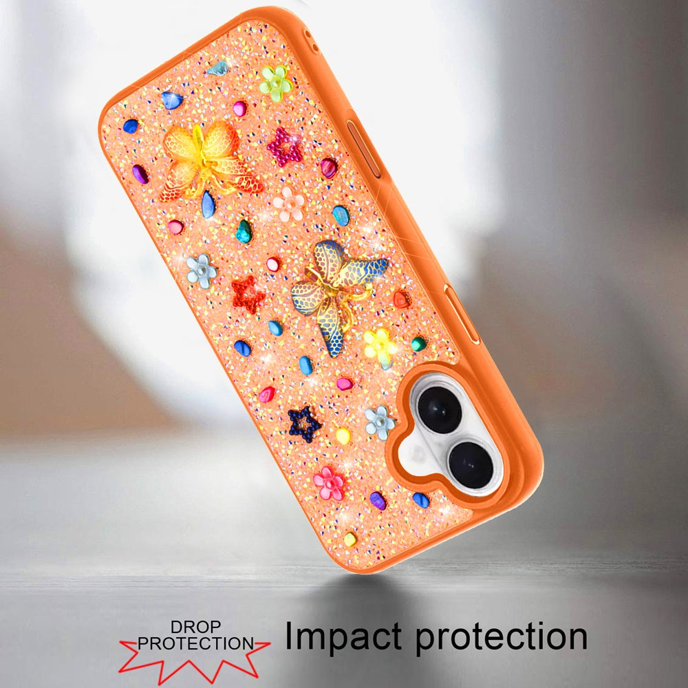 Phone Case for Apple iPhone 17 3D Butterfly Diamond Bling Glitter Shockproof Stylish Protective Luxury Hybrid Sparkly Durable Grip Design Cover Cosmic Orange