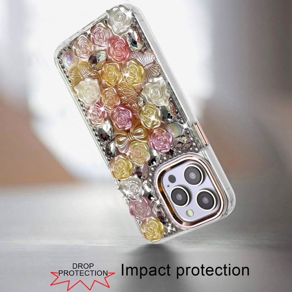 For iPhone 14 Pro Max (6.7") Muti-Color Floral Fashion Bling Crystal 3D Full Diamonds Stones Sparkle Rhinestone Glitter Hybrid Case Cover Green