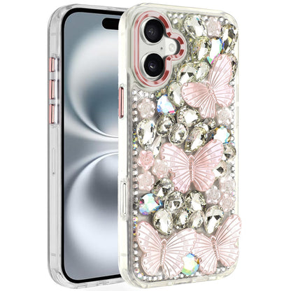 For Apple iPhone 16 (6.1") 3D Diamond Floral Butterfly Bling Stone Hybrid, Sparkly Rhinestone Gemstone Back Shockproof Case Cover